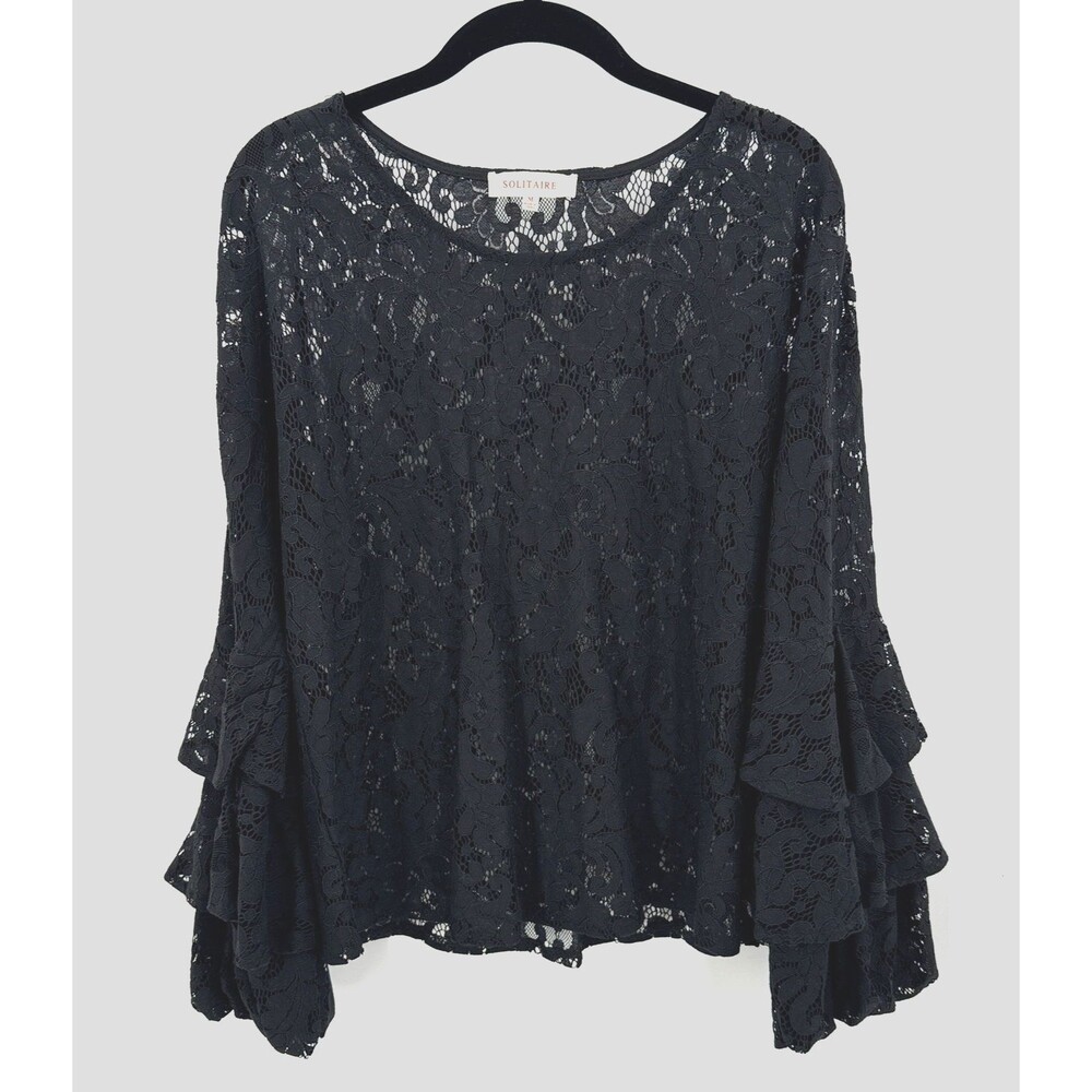 Solitaire Lace Top Women M Black Tiered Bell Sleeve Sheer Floral Gothic Romantic